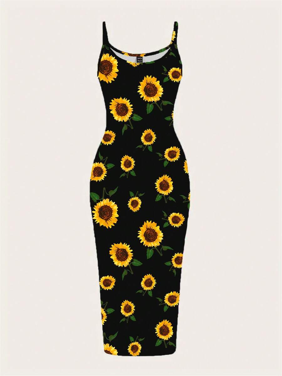 SHEIN EZwear Casual Minimalist Full Print Sunflower Pattern Slim Fit Camisole Maxi Dress, Suitable For Summer,Bohemian Clothes Chic Dress - Multicolor - View 1