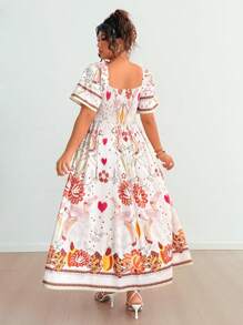 Flirla Plus Size Women Tropical Holiday Placement Print Twist Ruffle Flared Sleeve Dress - Multicolor - View 2
