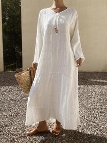 Livesso Summer New Loose Casual Linen Style Women Beach Dress - White - View 4