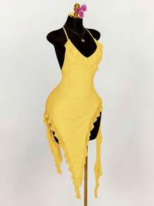 Amplova 纯色挂脖不对称荷叶边下摆紧身连衣裙 - 黃色 - 查看 7