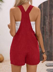 Breezaya Solid Color Tied Waist Dual Pocket Casual Romper For Holiday - Red - View 2