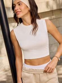Easify SHEIN Sport Débardeur sport casual à encolure ronde côtelée, coupe slim, taille élastique, court, pour femmes, printemps/été