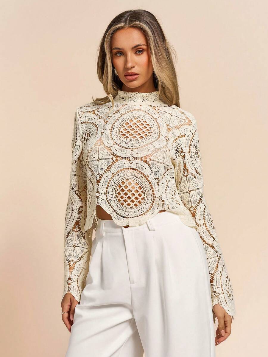 Glamine Soluble Flower Print See-Through Collar Long Sleeve Pullover Shirt,Date Night Sexy Knit Tops,Embroidered Hollowed-Out Tops,Vacation For Woman,White Embroidered Pullovers Fall For Women - Apricot - View 1