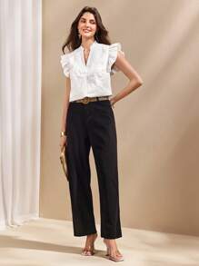 Almamuse Women's Casual Versatile Elegant Solid Color Notched Neck Summer Ruffle Hem Shirt - White - View 6