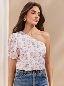 SHEIN Unity Women's Elegant Perforated Print Oblique Shoulder Blouse - White - View 6