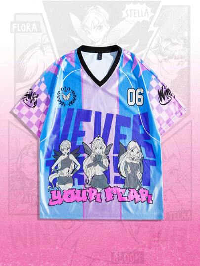 Winx Club X ROMWE Camiseta de manga corta con estampado de anime para hombres, adecuada para primavera/verano