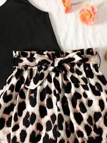 Ensemble 2 pièces avec débardeur noir et short taille papier à imprimé léopard pour jeune fille