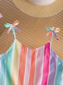 Toddler Girls' Holiday Style Woven Colorful Striped Digital Floral Print Spaghetti Strap Jumpsuit With Bow Decor, Suitable For Daily Wear, Outings, Beach Vacations, Family Gatherings Summer Holiday - Multicolor - View 4