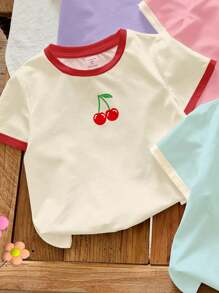 SHEIN 4pcs Baby Girl Cute Dopamine Colorful Fruit Cherry, Strawberry, Lemon, Flower Graphic Casual Round Neck Short Sleeve T-Shirts, Suitable For Spring/Summer