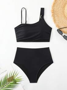 SHEIN Swim 女士度假纯色不对称吊带圆环连体性感比基尼套装分体比基尼套装夏日海滩 - 黑色 - 查看 5