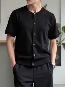 SHEIN 青少年男孩休闲短袖衬衫，运动街头朋克摇滚学院风，适合春夏户外、派对、音乐节 - 黑色 - 查看 3