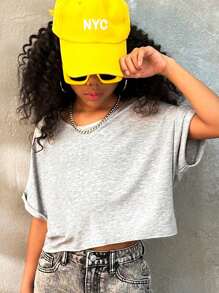 SHEIN Tween Girls Spring/Summer Streetwear Grey Asymmetrical Neck Tees