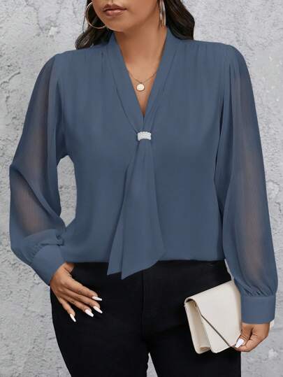 SHEIN Privé Plus Size Women Solid Color Bowknot Sheer Sleeve Elegant Blouse