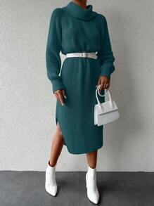 EURMUSE Women Casual Solid Color Turtleneck Knit Sweater Dress, Autumn/Winter,Petite - Green - View 5