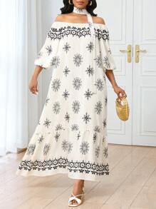 SHEIN Unity Vestido con estampado retro, hombros descubiertos y volantes para vacaciones para mujeres - Albaricoque - Ver 1