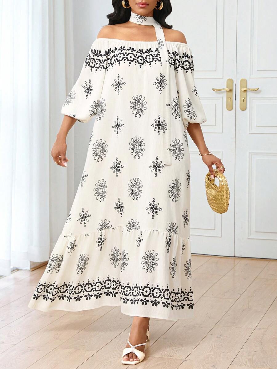 SHEIN Unity Vestido con estampado retro, hombros descubiertos y volantes para vacaciones para mujeres - Albaricoque - Ver 1