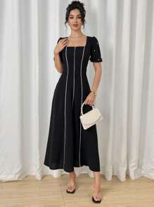Modelyn Đầm dài vừa phải thanh lịch cổ vuông tay ngắn viền màu tương phản cho nữ, mùa hè - màu đen - Xem 7