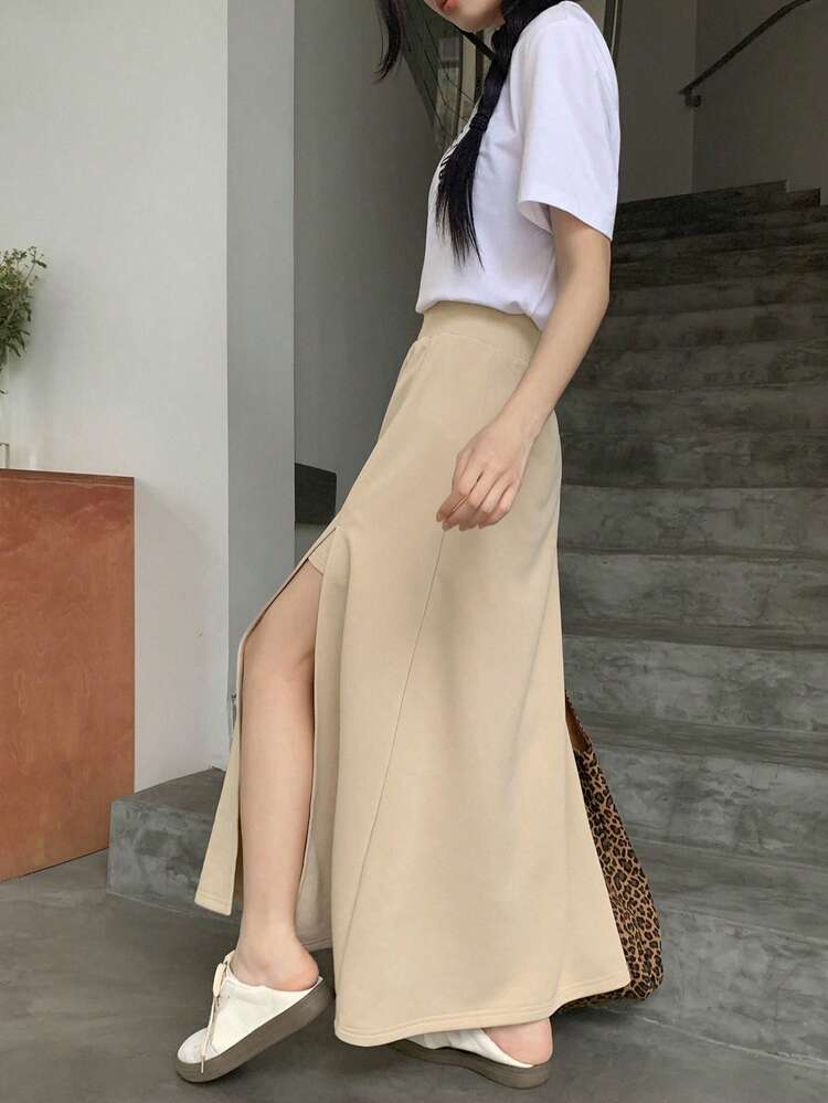 Women's Solid Color Side Slit Skirt, Grey, All Season Fall Skirts