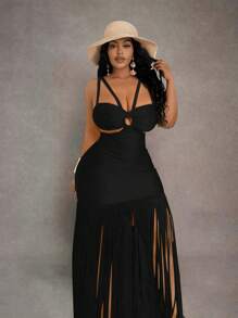 Slaydiva 大码女式镂空流苏下摆度假连衣裙 - 黑色 - 查看 10