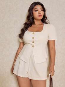 Elaquor Bộ 2 áo sơ mi cổ vuông tay ngắn màu trơn cỡ lớn và quần short, thời trang cho mùa hè - Màu be - Xem 4