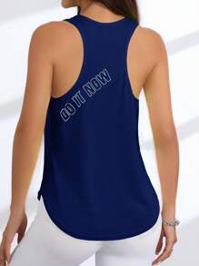 SHEIN Sports 字母印花圆领无袖运动背心，带开衩下摆，夏季 - 藏蓝色 - 查看 1