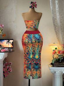 Flirla Plus Size Women's Spring/Summer Strapless Contrast Geometric Print Top + Contrast Geometric Print Pencil Skirt 2 Pieces Set - Multicolor - View 2