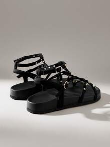 Solecia Giày sandal đế bằng buộc dây hở mũi thời trang nữ, màu nâu, thoải mái cho kỳ nghỉ xuân/hè - màu đen - Xem 4