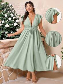 Allurite Plus Size V-Neck Ruffle Sleeve Open Slit Front Tie Solid Color Casual Dress Wedding Day Wedding Guest Wedding - Mint Green - View 1