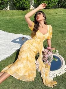Modelyn Vestido amarillo de mujer con impresión floral, diseño de parche, volantes y mangas abullonadas, perfecto para vacaciones - Amarillo - Ver 7
