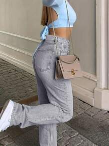 EMERY ROSE Jeans de pierna recta, de unicolor, de ajuste ceñido, sin estiramiento, con bolsillo, de uso casual y versátil - Gris Claro - Ver 4