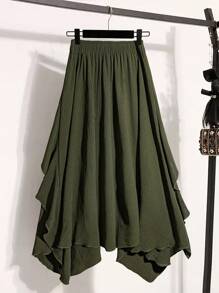 Linhara Plus Size Women Solid Color Ruffle Asymmetrical Hem Casual A-Line Skirt