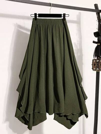 SHEIN LUNE 大码女式纯色荷叶边不对称下摆休闲A字裙