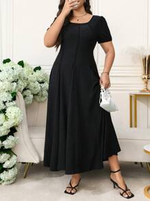 SHEIN Clasi 曲线美大码女式浪漫优雅日常黑色圆领泡泡短袖针织纹理松紧腰 A 字长裙，背面饰有蝴蝶，女士夏季连衣裙，女士婚礼宾客礼服，女士节日服装，女士音乐会服装，女士教堂礼服，黑色连衣裙，舞会礼服，女士黑色连衣裙，大码连衣裙，女士正式连衣裙，女士长裙，舞会礼服，女士端庄连衣裙，女士优雅服装 - 黑色 - 查看 4