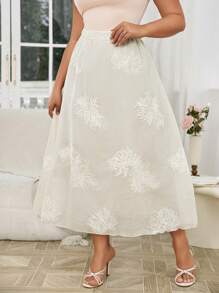 Lacomfia Simple Embroidered Elastic Waist A-Line Plus Size Skirt, Suitable For Spring & Summer Fall Cloth For Women - Beige - View 6
