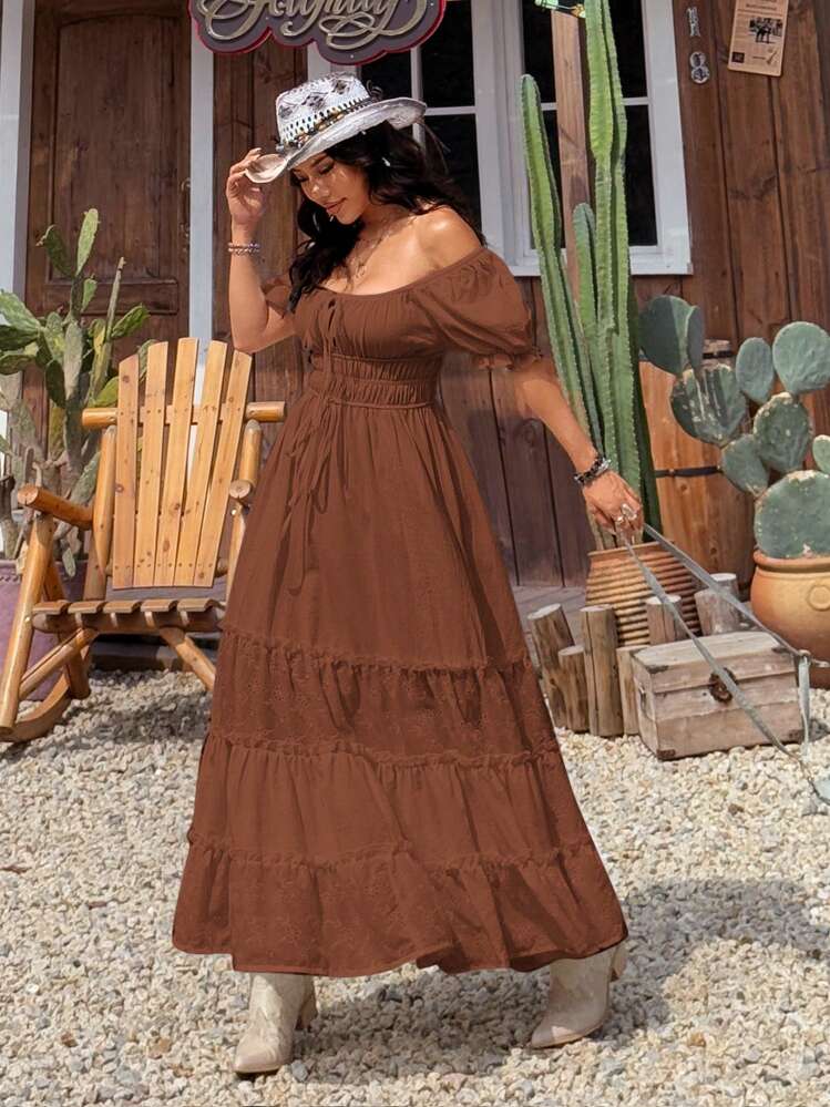 SHEIN EZwear Vestido de cor sólida feminino, Estilo casual de férias - Castanho - Visão 5