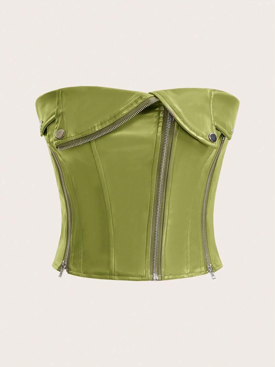 SHEIN Unity Solid Color Zippered Fitted PU Leather Cropped Tank Top, Summer - Mustard Yellow - View 1