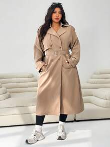 SHEIN EZwear 大码女式休闲长款风衣 - 卡其色 - 查看 6