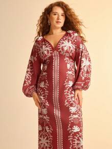 CAJUNI 加大码女式波西米亚风热带红色龟叶、菠萝、椰子树印花度假休闲海滩深 V 领灯笼袖露背长裙