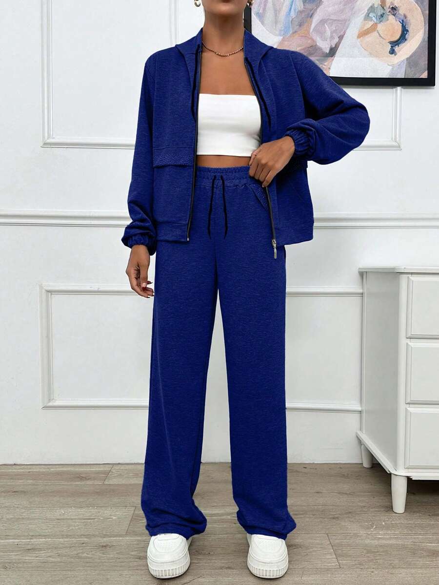 EURMUSE TWO PIECES TWO THREAD LIGHT GREY HOODIE SWEATSHIRT AND SWEATPANT WITH SPARKLE STONE DETAIL - Blue - View 1