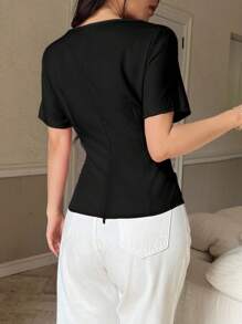 Chiquease Blouse décontractée de bureau élégante à col rond, manches courtes, avec perle rose décorée, plissée croisée devant pour femmes - Noir - Voir 2