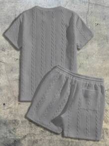 AXEPEAK 2pcs Knitted Casual Print Set Summer Outfit, Streetwear Essentials - Light Grey - View 2