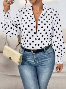 Celure 大码女式经典波尔卡圆点印花长袖办公室衬衫，卷起袖口 - 黑與白 - 查看 3