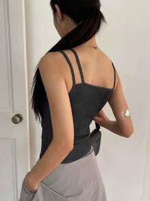 FRIFUL Áo hai dây không đối xứng ôm vừa vặn có gân màu trơn cho nữ - Xám - Xem 2