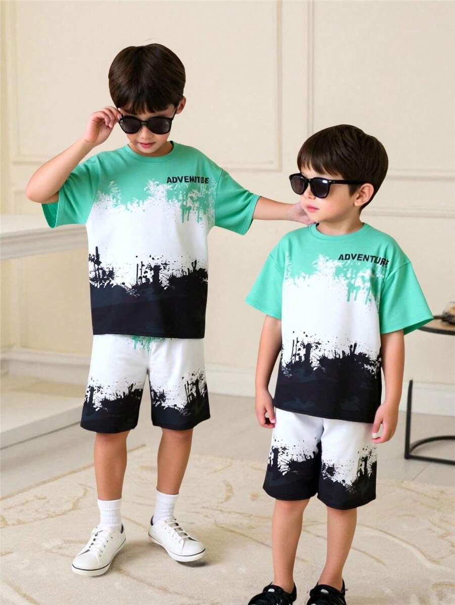 SHEIN 2pcs Set Young Boys Casual Comfortable Versatile Splatter Paint Print Short Sleeve Top & Shorts Set, Suitable For Spring & Summer - Multicolor - View 1
