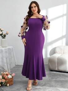 Modelyn Vestido midi de manga obispo con volumen en la cintura, bajo con abertura y bordados y patchwork, tela con textura, vestido elegante de oficina a fiesta cóctel de talla grande - Negro - Ver 3