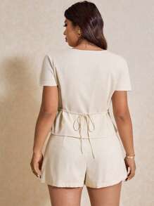 Elaquor Bộ 2 áo sơ mi cổ vuông tay ngắn màu trơn cỡ lớn và quần short, thời trang cho mùa hè - Màu be - Xem 3