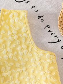 2pcs Girls (Small) Yellow Textured Fabric Vest & Shorts Set, Fashionable Design, Unique Summer Girl Outfit Summer Holiday