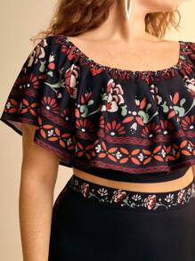 CAJUNI 大码女式波西米亚花卉印花荷叶边露肩休闲黑色衬衫，休闲度假 - 彩色 - 查看 6