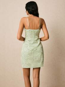 Poéselle 女士优雅亮片拼布褶饰胸围迷你吊带裙 - 綠色 - 查看 5