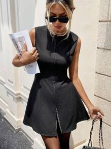 SHEIN Essnce Damen Einfarbiges ärmelloses Mini-Kleid mit Rundhalsausschnitt, Sommer